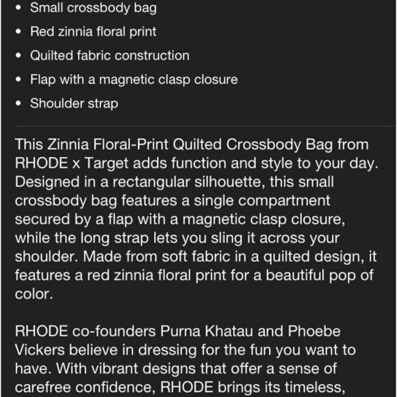 RHODE Zinnia Floral Quilted Crossbody Purse/Bag - Picture 6 of 8